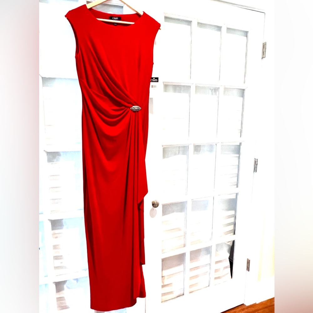 NWT Slimming Red Evening Long Dress Draped Marcasite Brooch NWT 10
